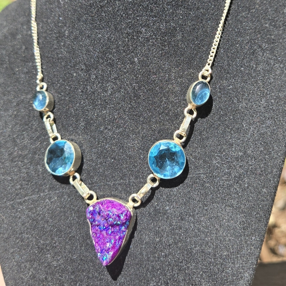 Amethyst Drutzy Topaz & Tanzanite Crystal Gemstone Sterling Necklace 18" - Picture 4 of 9